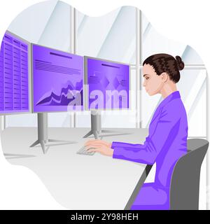 Una donna sta studiando i rapporti per identificare e comprendere i problemi nel processo decisionale. Concetto di business. Illustrazione vettoriale 2D. Illustrazione Vettoriale