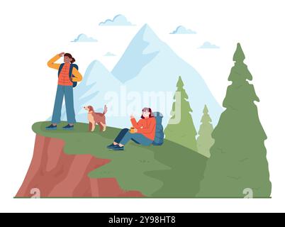 Campeggio all'aperto ed escursioni. Personaggi con zaini che trascorrono del tempo in natura. Amici che viaggiano all'aperto insieme. Avventura estiva tra boschi e montagne. Illustrazione vettoriale piatta Illustrazione Vettoriale