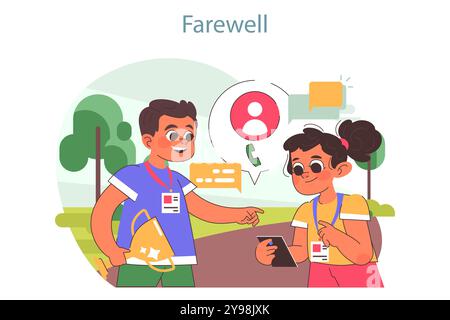 Addio al campo tecnologico. Ragazzi felici che dicono addio agli altri. Corso di formazione su informatica, intelligenza artificiale, tecnologie VR e robotica. Illustrazione vettoriale piatta Illustrazione Vettoriale
