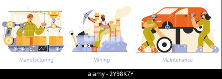Set di professioni lavorative. Illustrazione di persone che ricoprono ruoli di produzione, estrazione e manutenzione. Scenari di lavoro dinamici in ambienti industriali. Illustrazione vettoriale. Illustrazione Vettoriale