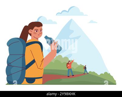 Campeggio all'aperto ed escursioni. Personaggi con zaini che trascorrono del tempo in natura. Amici che viaggiano all'aperto insieme. Avventura estiva tra boschi e montagne. Illustrazione vettoriale piatta Illustrazione Vettoriale