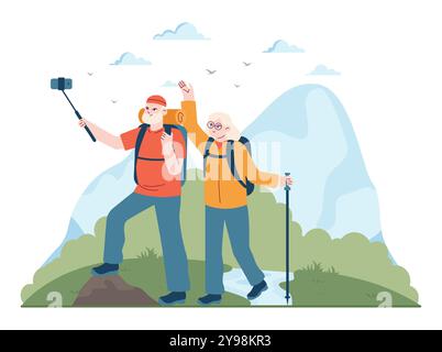 Campeggio all'aperto ed escursioni. Personaggi anziani che viaggiano con l'attrezzatura da trekking. Escursioni turistiche. Backpackers senior attivi, che esplorano la natura. Illustrazione vettoriale piatta Illustrazione Vettoriale