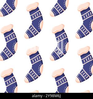 Motivo senza cuciture con comode calze natalizie in blu con alberi festivi e disegni geometrici. Stile piatto. Ideale per le feste, i tessuti o. Illustrazione Vettoriale