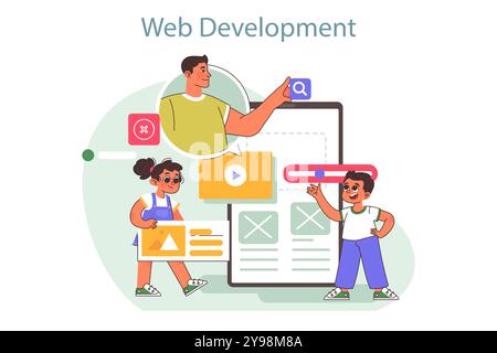 Campo tecnologico per bambini. Corso di formazione sull'informatica e sullo sviluppo di siti web. I bambini imparano a programmare durante le vacanze estive. Illustrazione vettoriale piatta Illustrazione Vettoriale