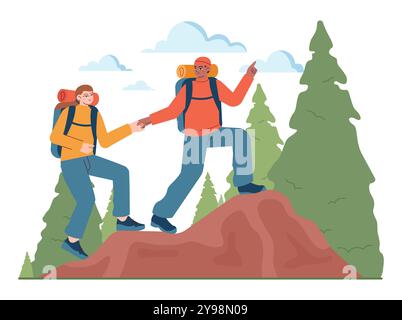 Campeggio all'aperto ed escursioni. Personaggi con zaini che trascorrono del tempo in natura. Amici che viaggiano all'aperto insieme. Avventura estiva tra boschi e montagne. Illustrazione vettoriale piatta Illustrazione Vettoriale