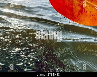 Kayak a pagaia fuori dall'acqua con gocce d'acqua che cadono Foto Stock