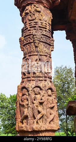 Dettagli di intaglio delle divinità indù sul muro del tempio Ratneshwar Mahadev, Ratanpur, Godhra, Gujarat, India. Foto Stock