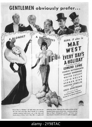 1937 Every Day's a Holiday poster - commedia con protagonista e co-scritto da Mae West, diretto da A. Edward Sutherland. Immagini di importanza fondamentale Foto Stock