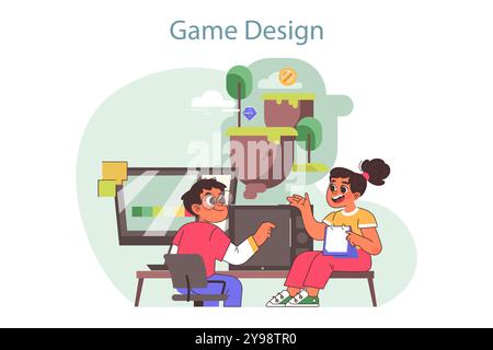 Campo tecnologico per bambini. Corso di formazione sulla progettazione di giochi. I bambini imparano a costruire e sviluppare videogiochi durante le vacanze estive. Illustrazione vettoriale piatta Illustrazione Vettoriale