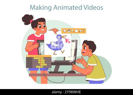 Campo tecnologico per bambini. Corso di formazione sulle tecnologie di animazione. I bambini imparano il motion design, creano animazioni al computer o video animati durante le vacanze estive. Illustrazione vettoriale piatta Illustrazione Vettoriale