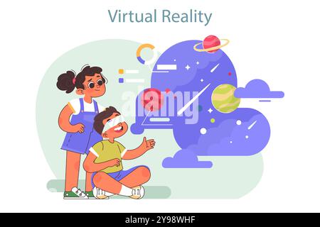 Campo tecnologico per bambini. Corso di formazione sulle tecnologie di realtà virtuale e sulla progettazione. I bambini imparano la programmazione e l'ingegneria del meta universo durante le vacanze estive. Illustrazione vettoriale piatta Illustrazione Vettoriale