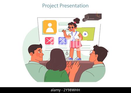 Campo tecnologico per bambini. Studente che presenta il suo progetto alla lavagna. Ragazza che presenta il suo lavoro digitale. Corso di formazione STEM. Illustrazione vettoriale piatta Illustrazione Vettoriale