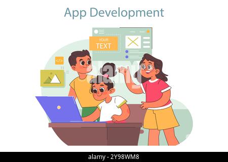 Campo tecnologico per bambini. Corso di formazione sull'informatica e lo sviluppo di applicazioni. I bambini imparano a programmare durante le vacanze estive. Illustrazione vettoriale piatta Illustrazione Vettoriale