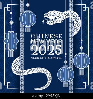 Unisciti alla gioiosa celebrazione del vibrante anno del serpente con splendide decorazioni per il Capodanno cinese 2025. Illustrazione Vettoriale