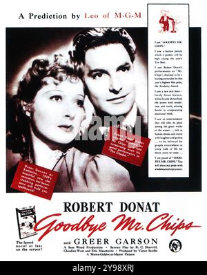 1939 Goodbye, Mr. Chips film poster - dramma romantico con Robert Donat, Greer Garson; diretto da Sam Wood. MGM Foto Stock