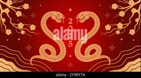 Elegante illustrazione per l'anno del serpente, 2025, con serpenti, fiori e design festivo. Illustrazione Vettoriale