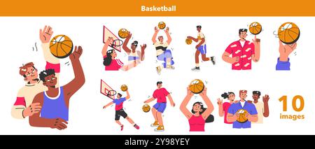 Set da basket. Giocatori di squadra durante la partita. L'atleta getta la palla nel cestino. Personaggi adolescenti o giovani adulti in un abbigliamento sportivo giocano con una palla. Illustrazione vettoriale piatta. Illustrazione Vettoriale