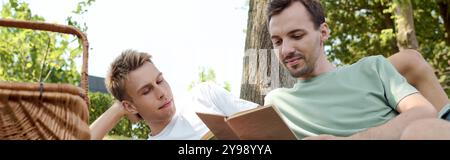Due uomini siedono vicino in un parco soleggiato, avvolti in un libro, condividendo sorrisi e risate. Foto Stock