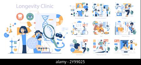 Set Longevity Clinic. Pratiche sanitarie innovative per una durata prolungata. Esami medici, test del DNA, guida dietetica, programmi di fitness. Illustrazione vettoriale. Illustrazione Vettoriale