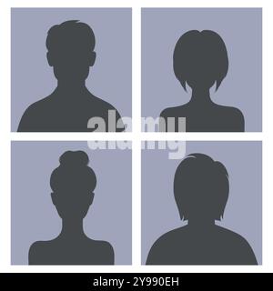 Silhouette da uomo e da donna con cornici fotografiche quadrate. Avatar maschili e femminili astratti. Illustrazione vettoriale Illustrazione Vettoriale