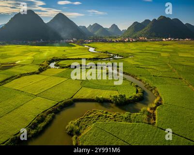 Veduta aerea del campo di riso di Bac Son al tramonto, Lang Son, Vietnam Foto Stock