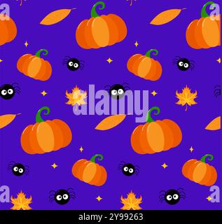 Motivo di Halloween con zucche, foglie di ragno Spooky Cartoon Style Premium Vector Illustrazione Vettoriale