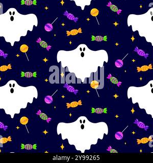 Motivo vettoriale Halloween senza cuciture con fantasma, caramelle e lolipop. Bella texture natalizia ripetuta. Sfondo disegnato a mano per bambini con personaggi dei cartoni animati Illustrazione Vettoriale