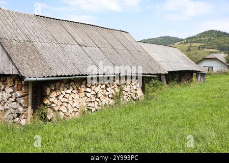 Legna da ardere tagliata impilata in un magazzino all'aperto nelle giornate di sole Foto Stock