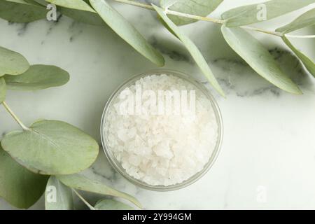 Sale marino in una ciotola di vetro e foglie di eucalipto su un tavolo di marmo bianco, vista dall'alto Foto Stock