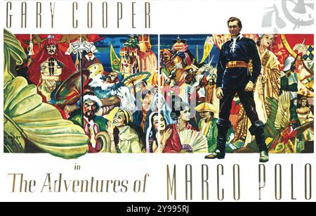 1938 poster del film le avventure di Marco Polo. Film d'avventura storica americana diretto da Archie Mayo e interpretato da Gary Cooper Foto Stock