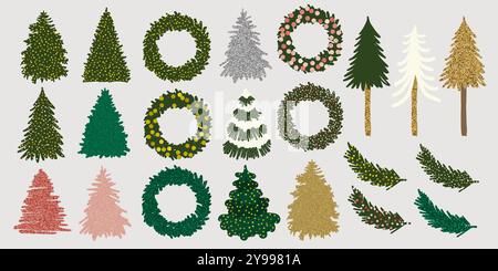 Set di alberi di Fir di Natale in stile disegnato a mano e glitter. Illustrazione vettoriale alla moda in stile semplice Illustrazione Vettoriale