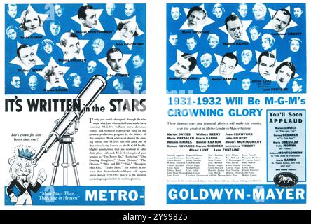 1931 Metro-Goldwyn-Mayer Studio ad - 'IT's Written in the Stars' - Greta Garbo, Robert Montgomery, Joan Crawford e altre stelle M-G-M. Foto Stock