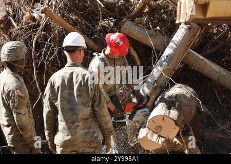 Toecane, Stati Uniti. 10 agosto 2024. I soldati dell'esercito americano, assegnati al 27th Engineer Battalion, usano una sega per rimuovere i detriti in seguito alle inondazioni causate dall'uragano Helene, 8 ottobre 2024 a Toecane, Carolina del Nord. Credito: SSgt. Arthur Ruepong/US Army/Alamy Live News Foto Stock