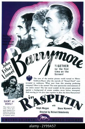1932 poster del film Rasputin e Empress della MGM. Diretto da Richard Boleslawski. Con John Barrymore, Ethel Barrymore, Lionel Barrymore Foto Stock