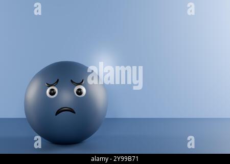 Un triste personaggio di palla blu si siede da solo su uno sfondo azzurro. rendering 3d. Foto Stock