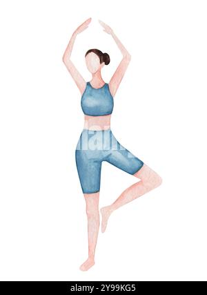 Illustrazione ad acquerello di Girl che fa esercizi mattutini. Donna in tuta blu in posa yoga isolata su sfondo bianco Foto Stock