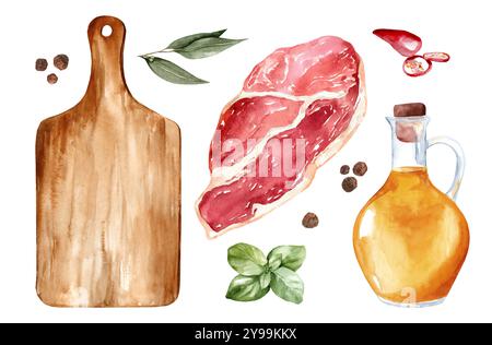 Set di ingredienti ad acquerello per cucinare isolati su sfondo bianco. Illustrazione della collezione di carne fresca con spezie per bistecche e utensi da cucina Foto Stock