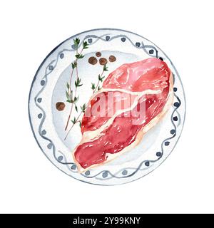 Illustrazione ad acquerello della bistecca di carne cruda su piatto di ceramica bianca con rametto di timo e pepe nero. Pezzo fresco di manzo marmorizzato per menu' e caffe' Foto Stock