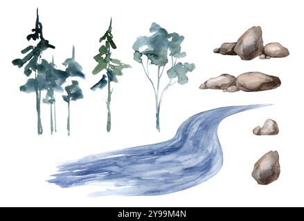 Serie di illustrazioni ad acquerello alberi di abete e pietre di fiume isolate su sfondo bianco. Il paesaggio della foresta di Foggy Foto Stock