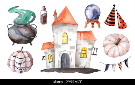 Set di illustrazioni di Halloween ad acquerello. Casa infestata dai fantasmi e attributi magici. Collezione di decorazioni per feste autunnali Foto Stock