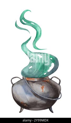 Calderone magico ad acquerello con vapore verde. Illustrazione dipinta a mano di una misteriosa pozione di strega vorticosa. Arredamento di Halloween Foto Stock