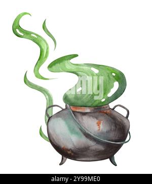 Calderone magico ad acquerello con vapore verde. Illustrazione dipinta a mano di una misteriosa pozione di strega vorticosa. Arredamento di Halloween Foto Stock