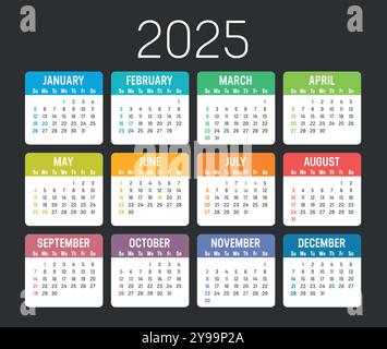 Set di calendari colorati per gli Stati Uniti, pianificatore anno 2025, sfondo scuro in lingua inglese Illustrazione Vettoriale