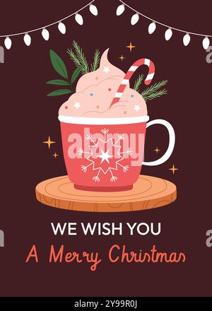 Tazza rossa di Natale con una bevanda calda decorata con crema, caramelle e un albero di Natale. Cavalletto in legno. Stile disegnato a mano Illustrazione Vettoriale