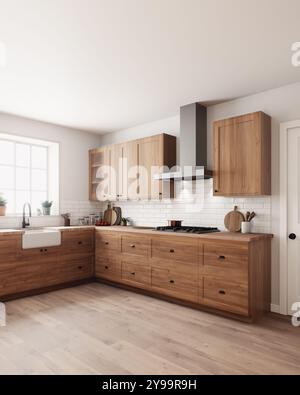 Moderna cucina di campagna con splendidi armadi in legno combinati con abbondante luce naturale Foto Stock