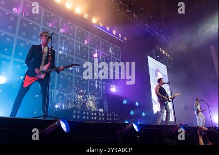 Tom Fletcher, Danny Jones, Dougie Poynter e Harry Judd dei McFly durante il loro concerto "21st Birthday Parties" all'O2 di Londra Foto Stock