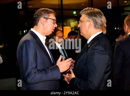 Croazia, Dubrovnik, 091024. Incontro al vertice dell'Ucraina - Europa sudorientale a Dubrovnik. Dopo la riunione del vertice, il primo ministro Andrej Plenkovic ha tenuto diverse riunioni bilaterali. Nella foto: Aleksandar Vucic, Andrej Plenkovic. Foto: Bozo Radic / CROPIX Dubrovnik Croazia Copyright: XxBozoxRadicx uzvanici vrh summit3-091024 Foto Stock