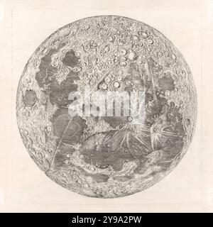 Carte de la Lune, la prima mappa scientifica della Luna pubblicata nel 1679 a Parigi, Francia da Giovanni Domenico Cassini (1625-1712) da osservazioni attraverso un telescopio e incisa da Claude Mellan (1598-1688) con intricati dettagli di crateri lunari e una fanciulla lunare stravagante nascosta vicino a Capo Eraclide. Foto Stock