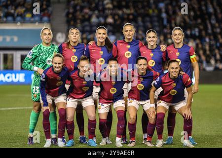 Manchester, Regno Unito. 09 ottobre 2024. Manchester, Inghilterra, 9 ottobre 2024: Foto della squadra di Barcellona durante la partita di UEFA Womens Champions League tra Manchester City e FC Barcelona al Joie Stadium di Manchester, Inghilterra (Natalie Mincher/SPP) credito: SPP Sport Press Photo. /Alamy Live News Foto Stock