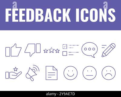 Le icone di feedback impostano il vettore. vettore dell'icona di revisione del feedback. vettore di revisione della valutazione. icone di classificazione Illustrazione Vettoriale